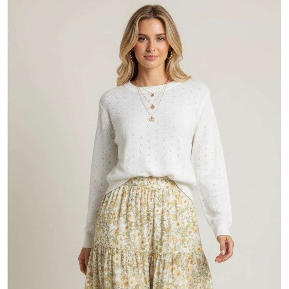 Joe Fresh White Pointelle Knit Size‎ Large Lightweight Sweater Cottagecore